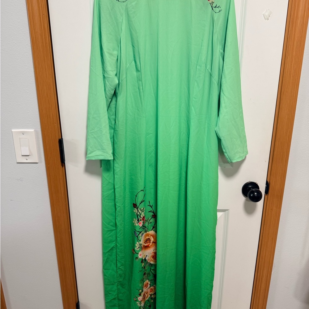 Vietnamese traditional aodai Green Floral dragonfly, pants included set